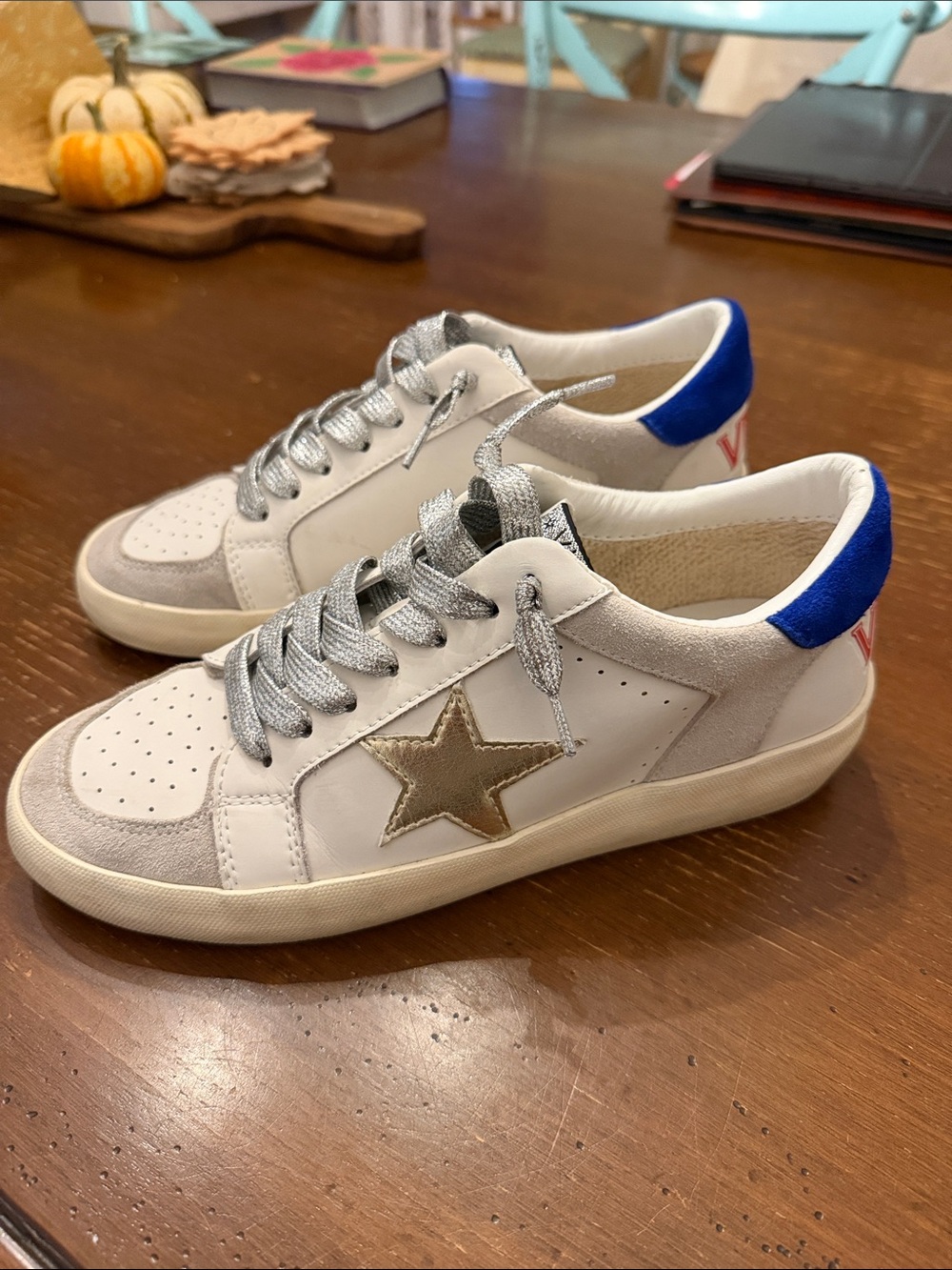 Vintage Havana Size 8 Sneakers with Gold Star and Blue Heel Accent